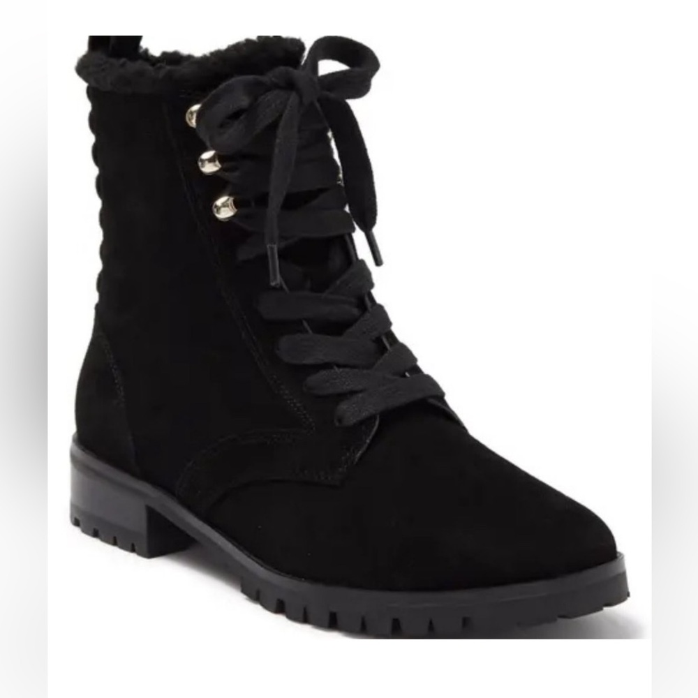 KATE SPADE NEW YORK RAEGAN FAUX SHEARLING COMBAT MOTO SUEDE BLACK 10.5